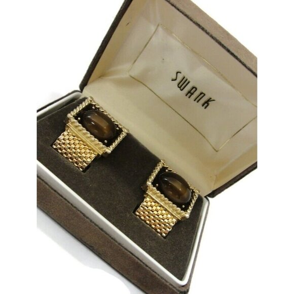 Swank Tiger Eye Cufflinks Mesh Set Gold Tone Wedding Tux Vintage IOB - Picture 1 of 16